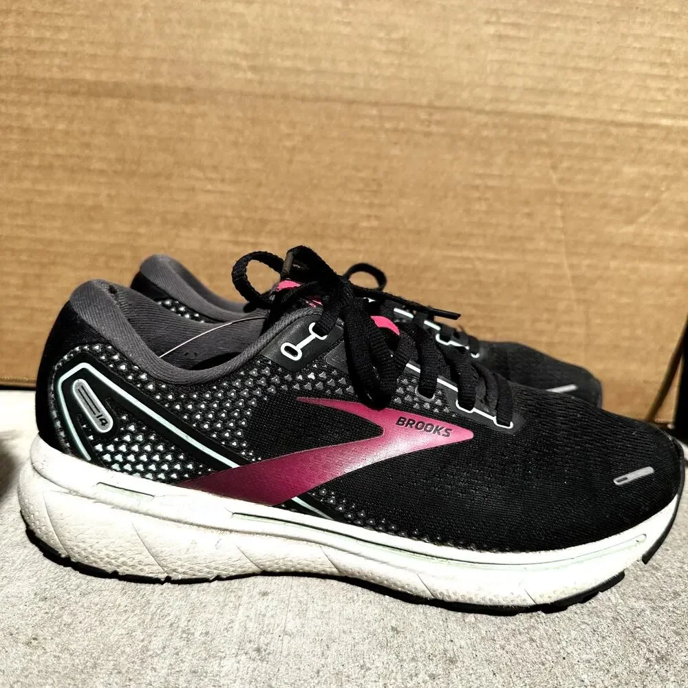 Brooks Ghost 14 Running Shoes Sneakers Lace Up Mesh Black Pink Yucca 10.5